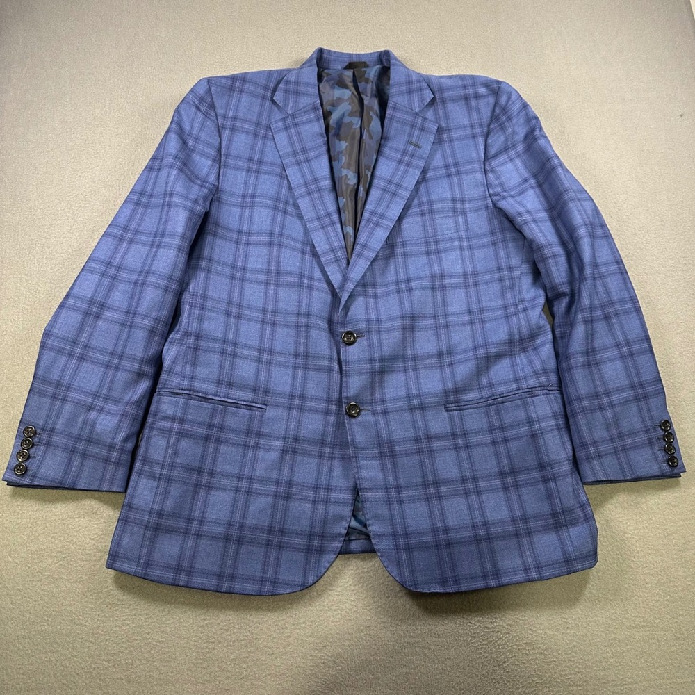 ECI by Tom James Mens Blue Plaid Sport Coat Blazer Camo Lining Tailored USA
